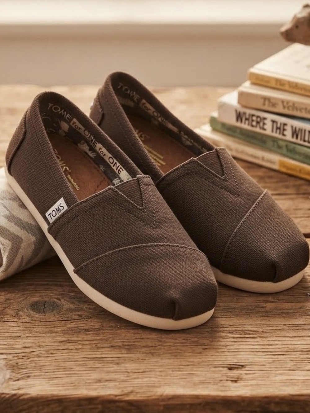 TOMS Brown Canvas Slip-On Moccasins